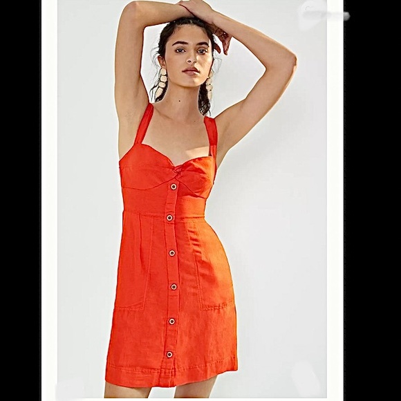 🍓Anthropologie Maeve Twist Front Mini Dress Red Linen Smocked Back Cut out XS - Picture 1 of 10